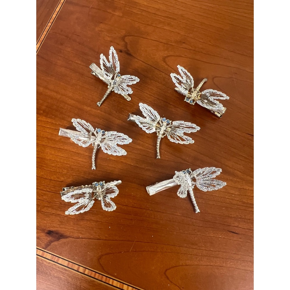 Vintage Dragonfly Hair Clips Set of 6 Silver Tone Blue Rhinestone Eye Fairycore